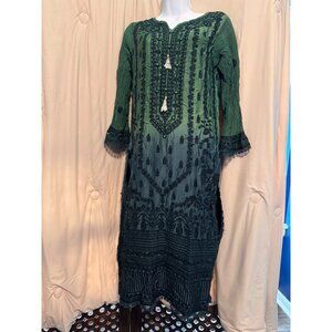 Vintage Agha Noor Pakistani Kurta Dress Dark Green Size Medium Embellished